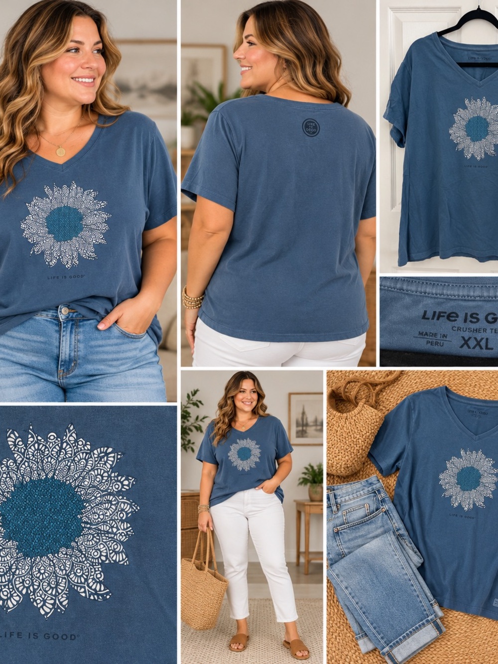 Life Is Good Blue V-Neck Sunflower Graphic Tee